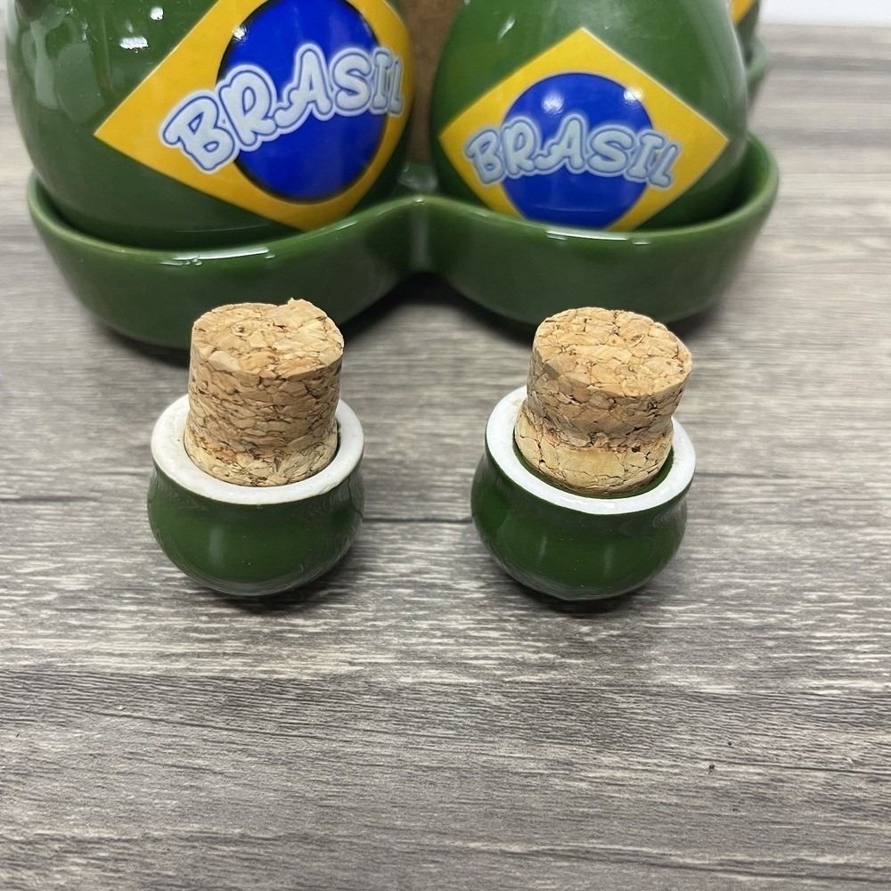 Sao Paulo Brasil Cruet Set Ceramic Green Brazil Flag 5 Piece Caddy - Picture 13 of 16